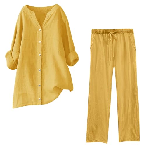 QWUVEDS Sommerlicher Damen-Freizeitanzug Leinen 2-teiliges Damen-Outfit, weites Bein, Bluse, Taschen, elastische Hose, lässiges V-Ausschnitt-Hemd, Hose, modische Streetwear Kurz Damen (3-Yellow, L)