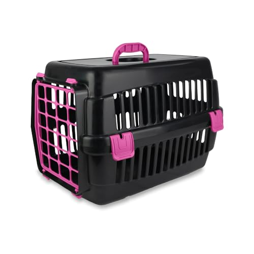 Katzen-Transportbox-Robuste Hartschalen | Strapazierfähige Katzenbox | Robuste Katzenbox aus Hartplastik | Schlagfeste Hartschalen-Katzen-Transportbox |Kunststoffbox für Katzen (Schwarz-Pink)