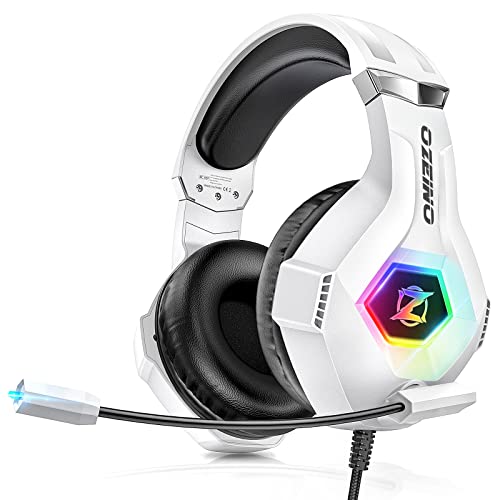 Ozeino Gaming-Headset für PS5, PC, PS4, RGB in 7 Farben, 50-mm-Treiber, Stereo, Bass, Mikrofon mit Geräuschunterdrückung, verstellbar, kompatibel mit Switch, Xbox Series X und S, Weiß