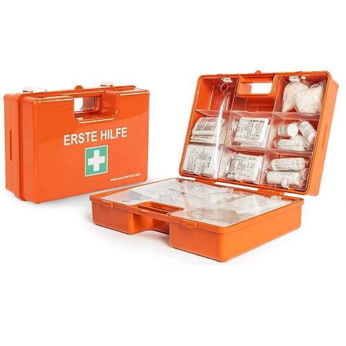 Floordirekt Erste Hilfe Koffer für Betriebe DIN 13157 gefüllt inkl. Wandhalterung | 1 Hilfe Verbandkasten Set für Zuhause, Büros und Gastro, Notfallbox bis 50 Mitarbeiter (28 x 20 x 11,5 cm)