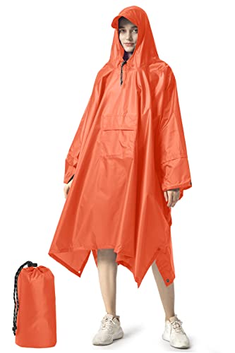 NUUR Regenponcho Herren Damen Unisex Regencape Regenmantel Regenjacke Wasserdicht Hiking Cycling Outdoor 3in1 Mehrzweck Wiederverwendbar Rain Poncho mit Kapuze Orange