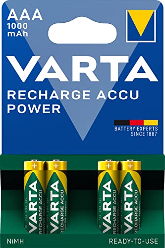 VARTA Batterien AAA, wiederaufladbar, 4 Stück, Recharge Accu Power, Akku, 1000 mAh Ni-MH, ohne Memory Effekt, vorgeladen, sofort einsatzbereit