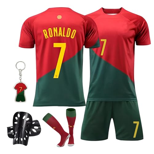 Pardofelis Fußball Trikot für Kinder, Trikot Nr. 7 Fußballtrikots Fussball T-Shirt Shorts Socken und Schienbeinschoner Set, Outdoor Football Jersey für Junge Anzug (Rot Grün, 26)