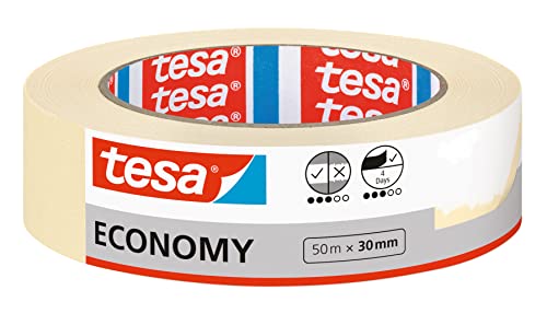 tesa Malerband ECONOMY - Vielseitiges Klebeband für Malerarbeiten ohne Lösungsmittel - Bis zu 4 Tage nach Gebrauch rückstandslos entfernbar, 50 m x 30 mm