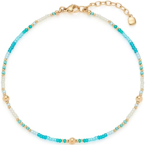 Leonardo Jewels Fußkettchen Ciao Happy, Fuss-Kette aus Edelstahl mit winzigen Aqua-Türkis-Glasperlen, gold, 24-28 cm Länge, Geschenk Damen, 023860