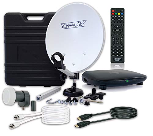 SCHWAIGER 9604 Camping-Sat-Anlage Komplett-Set digital Camping-Zubehör Satelitenschüssel SAT-Koffer inkl. Single LNB Sat Receiver HD Satelliten-Kabel 10m Sat Antenne Stahl 35 x 38cm