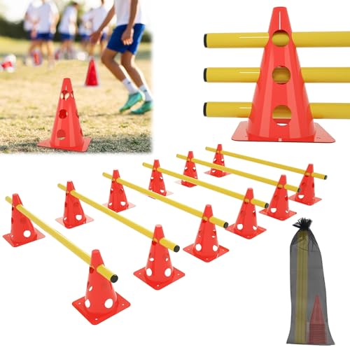 ACXIN 6er Sports Steckhürdenset 12 Kegel + 6 Stangen Agility Hürden Steckhürden Set, Koordinationstraining für Kinder Hunde Teamsport Fussball, Multifunktionskegel | Höhe: 32 cm | Stange: 100 cm