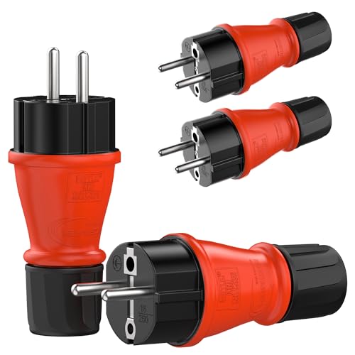 RedStar24 Schuko Stecker 230V IP54 4er Set Robuster Schutzkontaktstecker aus Gummi & Kunststoff, Schwarz Rot | Hermetisch Versiegeltes Design | Perfekt für den Außenbereich | 3-Poliger Stromstecker