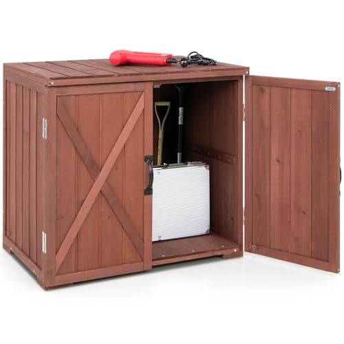 HOMASIS Gartenschrank Holz, Geräteschrank wetterfest, Holzschrank mit Doppeltüren & 2 Griffen, Lagerschrank Geräteschuppen Gartenschuppen Holzschuppen Werkzeugschrank Outdoor, 77 x 56 x 72 cm, Kaffee