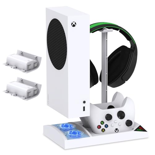 FYOUNG Vertikaler Kühlständer mit Controller Ladestation und Akku für Xbox Serie S Zubehör, Ladestation mit lüfter und 2x1400mAh Wiederaufladbarer Akku und Headset Halter - Weiß