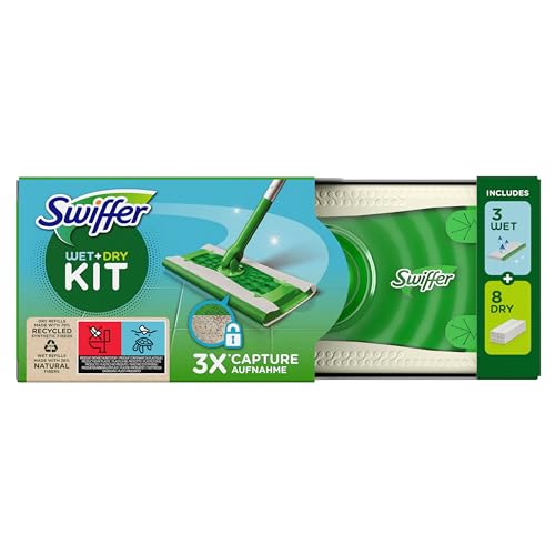 Swiffer Bodenwischer und Bodentücher Wischset (Bodenstab + 8 Trockentücher + 3 Feuchte Bodentücher), Wischer gegen Staub, Tierhaare & Allergene, (1er Pack)