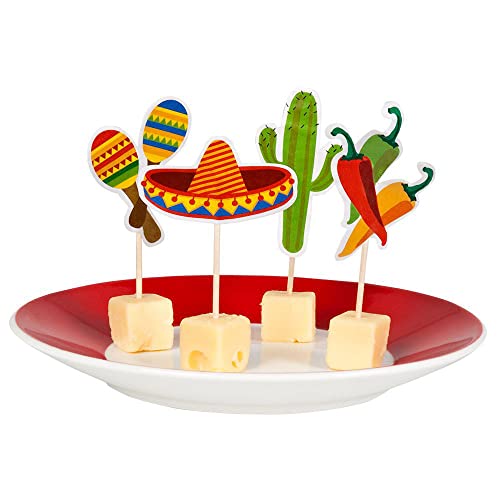 Boland 54412 - Spieße Fiesta Mexiko, 12 Stück, Länge Holzstab 9 cm, Holzspieße für Snacks und Häppchen, Partygeschirr, Geburtstag, Mottoparty, Karneval