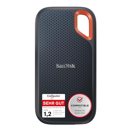 SanDisk Extreme Portable SSD 2 TB (tragbare NVMe SSD, USB-C, bis zu 1.050 MB/s Lesegeschwindigkeit und 1.000 MB/s Schreibgeschwindigkeit, wasser- und staubbeständig) Schwarz