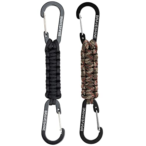 BRAVESHINE Karabiner Paracord Schlüsselanhänger Karabinerhaken mit Band, Carabiner Schlüsselanhänger Schlüsselband kurz mit Karabiner für Kinder Männer Frauen (1 Schwarz 1 Camouflage)