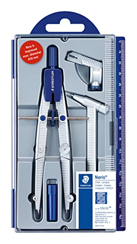 STAEDTLER Noris Club 550 02 Zirkel Schulzirkel mit Schnellverstellung, Set mit Verlängerungsstange und Universaladapter, mit Spindelführung, exakt und präzise, stabiles Etui mit Klappdeckel