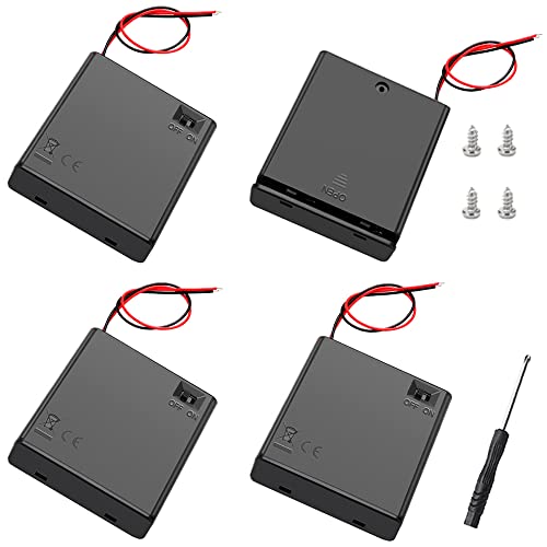 4 Stücke 4x1.5V AA Batteriehalter mit Schalter und Abdeckung, KUOQIY 6V Kunststoff Batteriehalter Gehäuse mit Drahtkabel und EIN/AUS Schalter, mit Schraubendreher & Schrauben