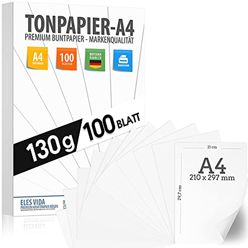 100 BLATT weißes Tonzeichenpapier 130g/m² - PREMIUM PAPIER Reinweiß - DIN A4-21 x 29,7 cm - Druckerpapier Weiss unbedruckt für Fotografie, Präsentationen, Basteln, FOTOKARTON, Karton - MADE IN GERMANY