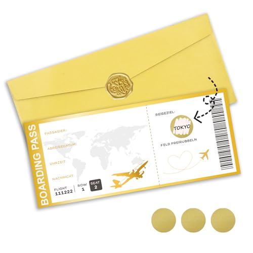 Sugeru®Reisegutschein Flugticket mit Rubbelaufkleber,Umschlag | Spezial Rubbellos Gutschein-Karte als Geburtstagskarte,Kinogutschein,Gutscheinkarte zu Weihnachten,Einladung (FLUGTICKET I)