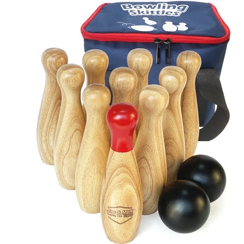 JacMok Bowling Set -Kegelspiel aus Holz - Dosenwerfen Bowling Spiel Outdoor & Indoor Spielzeug (10 Kegel und 2 Bälle, 20cm Höhe)