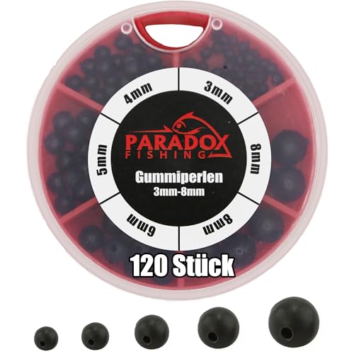 Paradox Fishing Gummiperlen Set 3mm-8mm I 120 Stück I Gummiperlen Angeln Stopper-Perle zum Angeln Perle Angeln Angelzubehör - perfekt mit Gummistopper Angeln