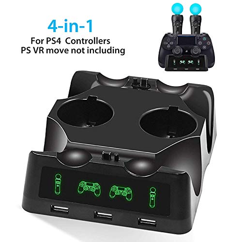 EEEkit 4 in 1 PS4 Controller Ladestation, PS4 Move Controller Ladegerät mit LED-Anzeige und DREI USB-Buchsen, Quad-Ladegerät für PS4 / PS VR/Move Motion Controller