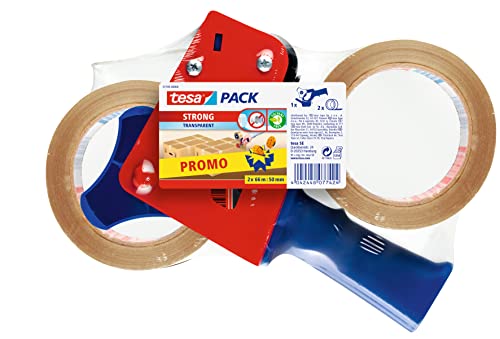 tesa Paketband-Abroller und tesapack Paketbänder im Set - 2 x hochwertiges Packband inklusive 1 Abroller - Transparent - 66 m x 50 mm