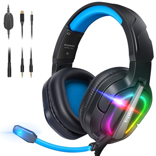 Krysenix PG2 RGB Gaming Headset für PS4/PC/Nintendo Switch/Xbox, PS5 Headset mit Mikrofon, Gaming Kopfhörer mit Mikrofon, Noise Cancelling Kopfhörer mit 3.5mm Klinke Schwarz/Blau