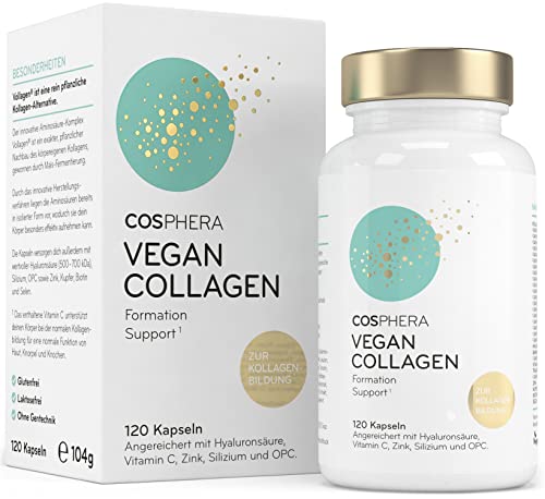 COSPHERA® Kollagen-Bildung Hyaluron 120 Kapseln vegan mit Vitamin C, Biotin, OPC, Zink & Kupfer hochdosiert - Vollagen® zur Bildung von Kollagen Kapseln 100% pflanzlich