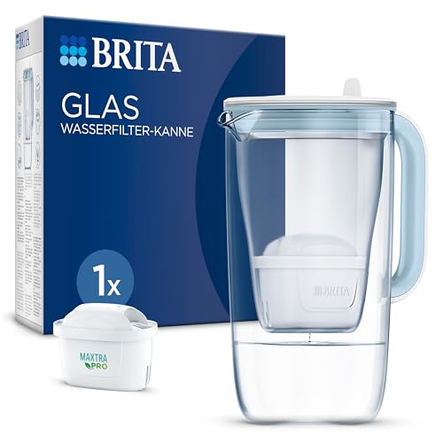 BRITA Glas Wasserfilter Kanne hellblau (2,5l) inkl. 1x MAXTRA PRO All-in-1 Kartusche – Premium Design Wasserfilter Glas, robust & leicht/reduziert Kalk, Chlor, Metalle wie Blei & Kupfer