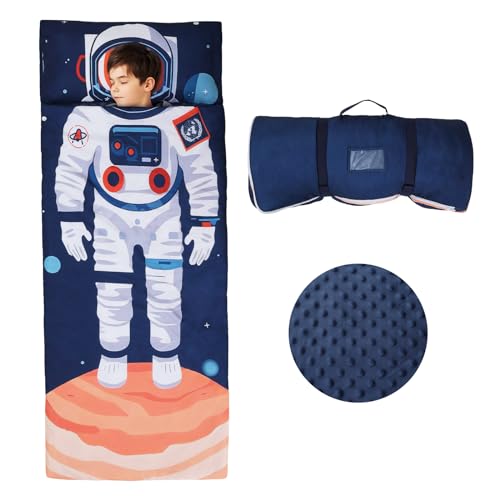 Schlafsack Kinder Doppelter Reißverschluss Weich Warm, Faltbare Kinderschlafsack mit Kissen Abnehmbar für Mädchen Jungen, Leicht Reinigen Schlafsack für Outdoor Indoor Camping, 150×60cm Astronauten