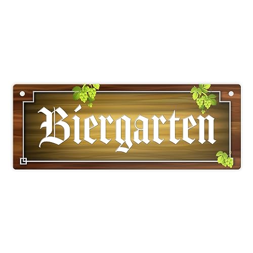 Biergarten Metallschild in Holz-Optik und Hopfen Motiv Bier Weizen Pils Kristall