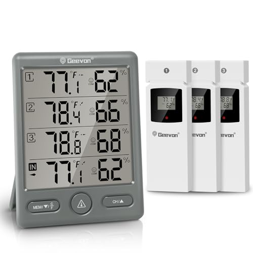 Geevon Funk Thermometer Innen Außen mit 3 Fernsensoren, Thermometer Hygrometer Feuchtigkeit Digital, Temperatur und Luftfeuchtigkeitsmesser mit 200FT/60M Reichweite (Grau)