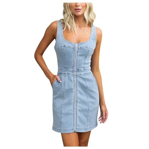 Damen Jeanskleid Kurzes Sommer Denim Kleid Slim Fit Jumpsuit-Kleid Sommer Schlank Ärmellos Spaghetti Träger Kleider Partykleid Bandeau Denim Bodycon Minikleid Sommerkleid Bleistiftrock