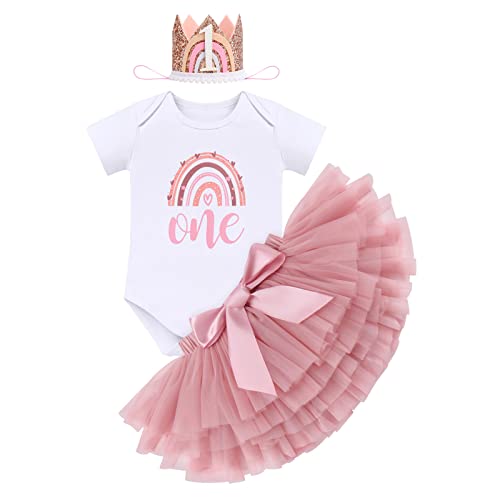 1 Geburtstag Mädchen Outfit Kurzarm Body+Bunt Tütü Prinzessin Tüllrock+Geburtstagskrone 3tlg Bekleidungssets Erster Geburtstag Party Babykleidung Baby Fotoshooting Bohnenrosa+Geburtstagshut 1 Jahr