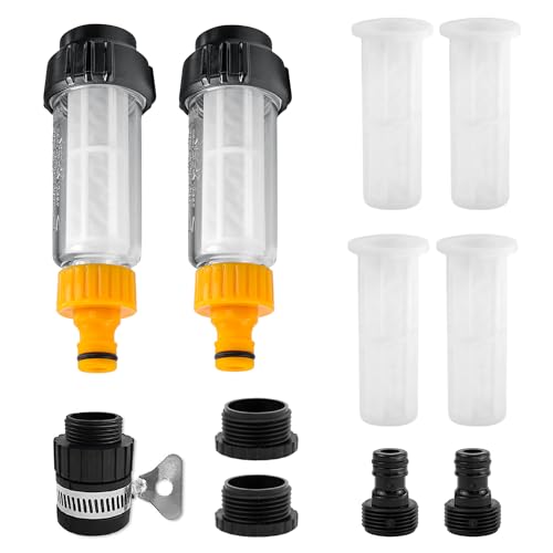 Gcffom Wasserfilter Gartenschlauch, 2 Stück 3/4 Zoll Vorfilter Gartenpumpe mit 4 Filtereinsatz & 5 Schnelladapter, Wasser Vorfilter Wasserfilter Set für Hochdruckreiniger, Gartenpumpe, Wohnmobil