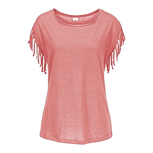 KurzäRmliges Rundhals-T-Shirt FüR Damen Tunika-Oberteile, T-Shirts, Lockere, LäSsige, Leichte T-Shirts Sommer Tops Quasten ÄRmel Bluse (L,Rosa)