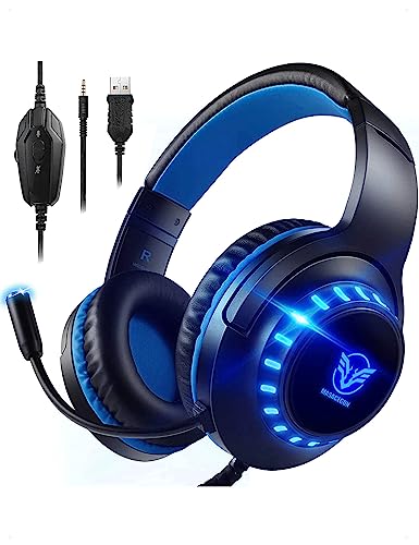 Pacrate Gaming Headset für PS4/PS5/Xbox One/PC/Nintendo Switch, PS4 Kopfhörer mit Kabel Xbox Headset mit Mikrofon, Noise Cancelling PS5 Headset mit LED Lichter - Blau