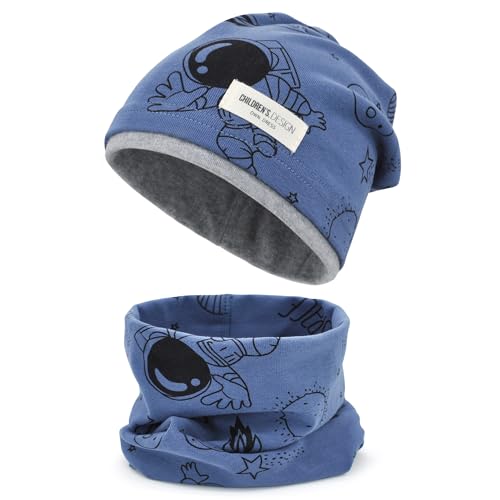 beifon Kinder Beanie Mütze & Loop Schal Set, 95% Baumwolle Mütze Schal Set Mädchen Jungen 2-8 Jahren, Schlauchschal Warme Wintermütze Strickmützen für Herbst Winter Frühling(Blau)