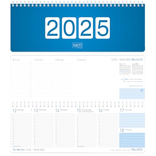 Häfft® Wochen-Tischkalender 2025 quer "Königsblau" 1 Woche 2 Seiten, Schreibtisch-Kalender mit Sprüchen, Wochenkalender 11,6 x 29,7 cm - nachhaltig & klimafreundlich