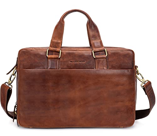 Marc Peter® Sydney Lehrertasche Herren Leder Vintage Aktentasche Laptoptasche Bürotasche Businesstasche groß XXL Umhängetasche Bräun