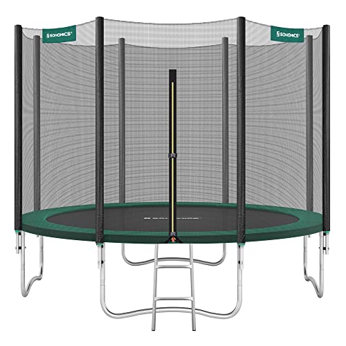 SONGMICS Trampolin Ø 305 cm, Gartentrampolin für Kinder mit Sicherheitsnetz, Randabdeckung, Leiter, 180 cm hohe gerade Stangen, Stahlrahmen, TÜV Rheinland GS-Zertifikat, dunkelgrün STR10GN