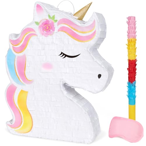 WERNNSAI Einhorn Pinata - Einhorn Party Zubehör Pinata mit Augenbinde und Schlagstock für Mädchen Kinder Einhorn Themen Geburtstags Party Spiel Dekorationen (40 x 31 x 8 cm)