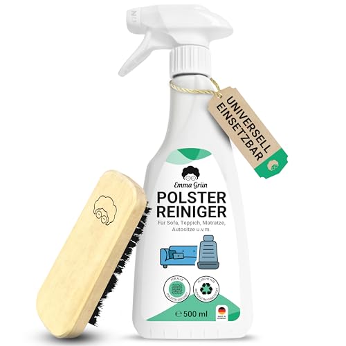 Emma Grün® Polsterreiniger für Sofa, Couch & Autositze 1x500ml [inkl. Polsterbürste] - Nachhaltig & Anti Geruch - Auto Innenraum Reiniger - Polsterreinigung aus Deutschland