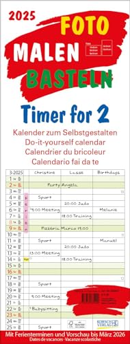 Foto-Malen-Basteln Timer for 2 2025: Familienplaner mit 3 Spalten als Fotokalender zum Selbstgestalten. Familienkalender mit Ferienterminen und festem Bastelpapier.