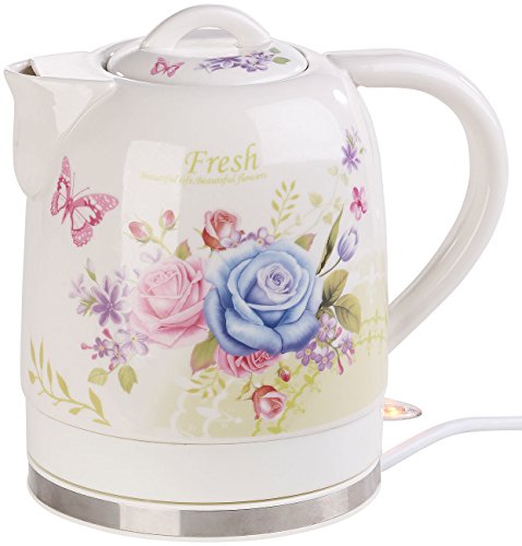 Rosenstein & Söhne Wasserkocher Blumen: Keramik-Wasserkocher mit Blumenmuster, 1,7 Liter, 1.500 Watt (Wasserkocher Teekanne, Wasserkocher Teekanne Keramik, Kaffee)