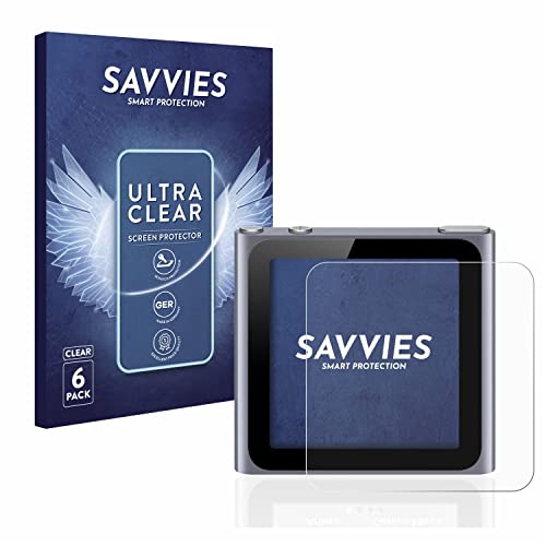 Savvies 6 Stück Schutzfolie für Apple iPod nano 2011 (6. Gen.) Displayschutz-Folie Ultra-Transparent