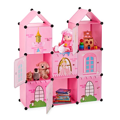 Relaxdays Steckregal Kinderzimmer, Prinzessinnenschloss, Kunststoff, DIY Schrank mit Türen, HBT: 128 x 110 x 37 cm, rosa