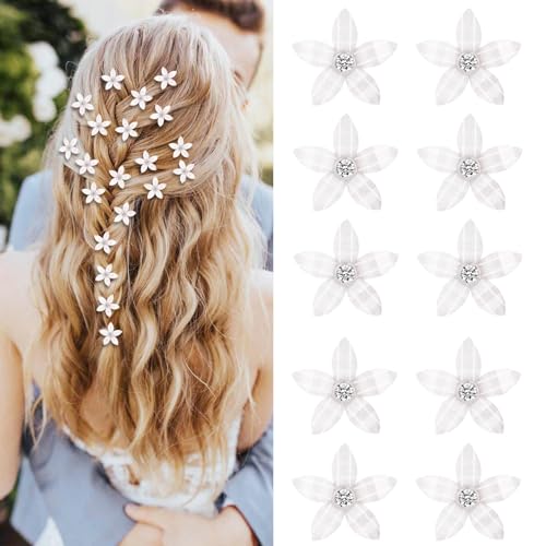 Mezrkuwr® 10 Stück weiße kleine Blumen-Haarspangen, Mini-süße Strass-Metall-Haarnadeln für Frauen, Braut-Haarspangen für Mädchen, Hochzeit, Haarschmuck, dekorativ