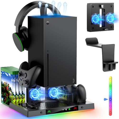 MENEEA Verbesserte RGB-Lüfter-Ladestation für Xbox Series X-Konsolen &Controller, Kabellose Doppel-Ladestation & Kühler System Ständer mit 15 bunten Lichtmodi für Xbox Series X & Zubehör Lagerung