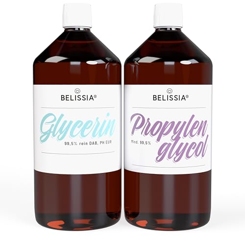 Belissia Glycerin 1000ml + Propylenglycol 1000ml - Hochreines VG Glycerin (99,5%) flüssig E422 1000ml + PG Propylenglykol (99,9%) flüssig E1520 1000ml - Rein, Vegan, 0% Zusatzstoffe